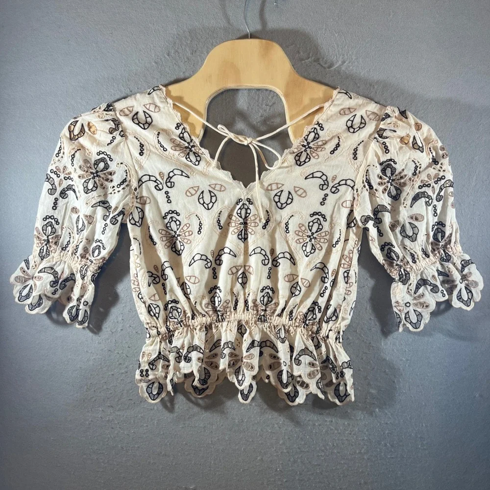 914 | Anthropologie Embroidered Eyelet Puff Sleeve Crop Top Cream Women XXS‎